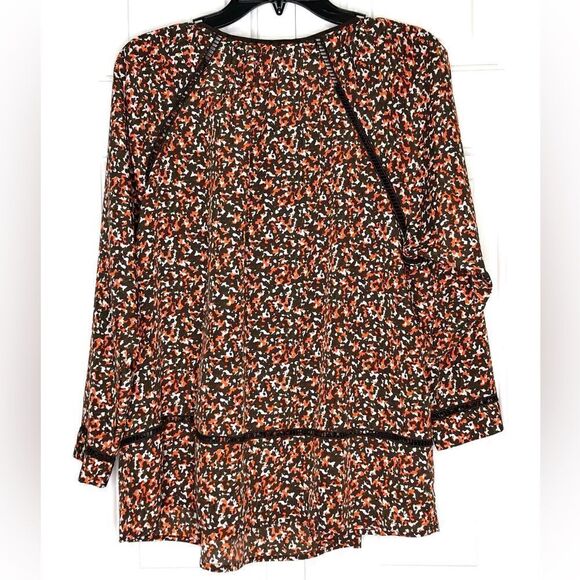 Michael Kors Long sleeve blouse Tie Neck Size Small Brown Orange White - Picture 2 of 7